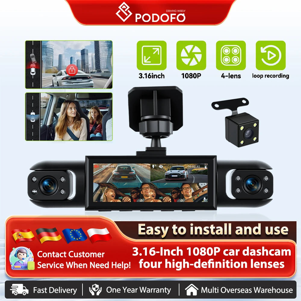 Kamera Samochodowa 4 Obiektywowa 1080P – Night Vision, Nagrywanie w Pętli, Pomoc przy Cofaniu