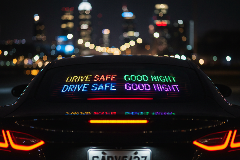 LED rear window night city