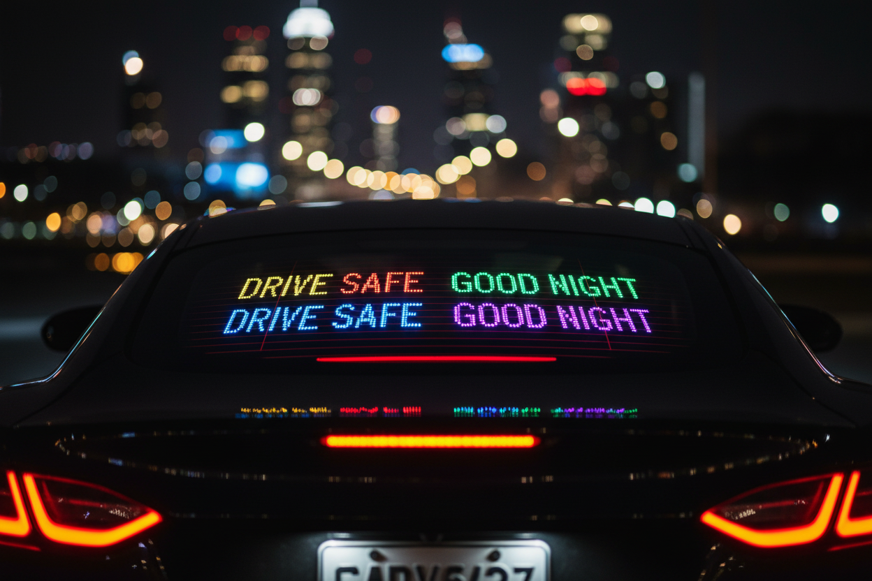 LED rear window night city